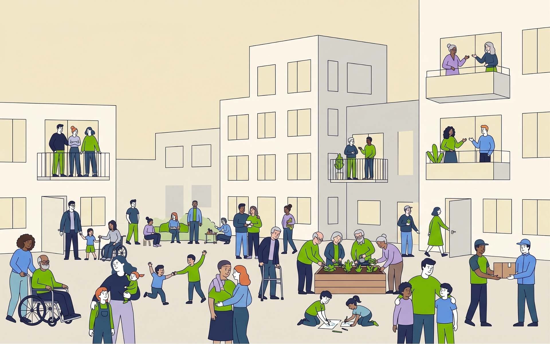Illustration i tecknad stil med begränsad färgskala i blått, grönt, lila och gult mot en ljus bakgrund. Bilden visar en stor, mångsidig samling människor i ett bostadsområde med flera flerbostadshus i funkisstil med balkonger.