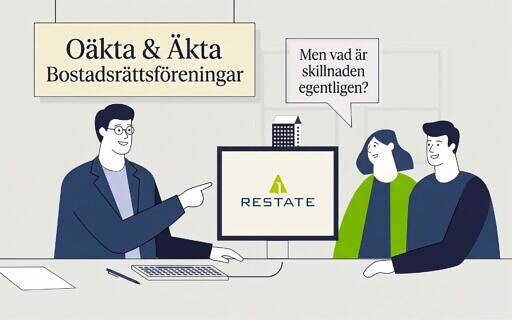 Minimalistisk illustration av en rådgivare som pekar på en datorskärm under ett möte med ett par. Ovanför hänger en skylt med texten ”Oäkta & Äkta Bostadsrättsföreningar”.
