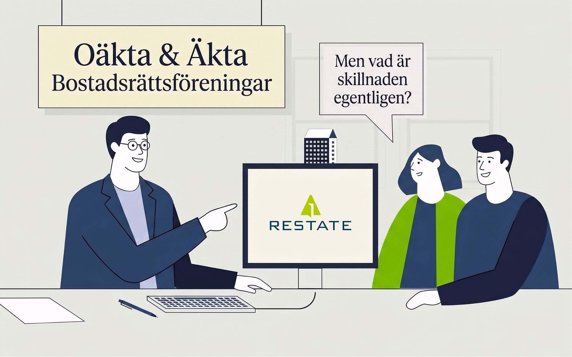 Minimalistisk illustration av en rådgivare som pekar på en datorskärm under ett möte med ett par. Ovanför hänger en skylt med texten ”Oäkta & Äkta Bostadsrättsföreningar”.